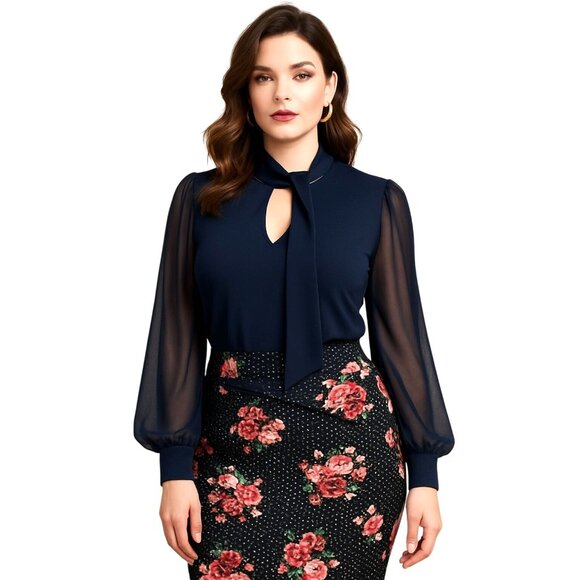 Adele May Navy Blouse Large Sheer Sleeve Tie Neck Keyhole Romantic Soft Glam - Picture 2 of 10